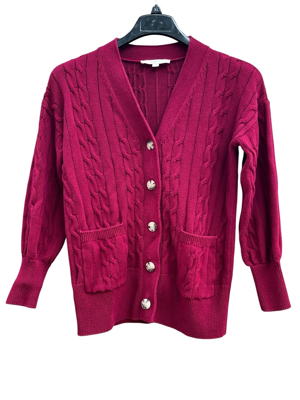 LOFT Cable Knit Button-Front Cardigan - Magenta 100% Cotton Office Comfy
